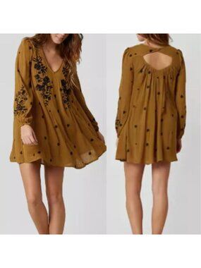 Tunic Mini Pocket Dress Brown Cotton Gauze Floral Embroidered Flowy Peasant Boho